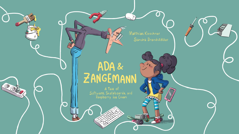 A three way power adaptor, a tin of paint, a pair of pliers, a mouse, a soldering iron, a phone, and a keyboard form a circle with a thin white curly line. Inside the circle, Ada and Zangemann face each other. Zangemann is an old man with glasses and Ada is a young girl with curly black hair.