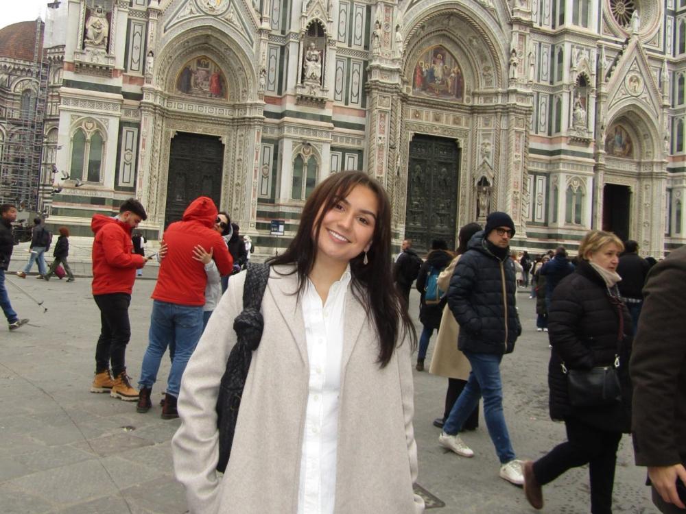 Penn State Behrend student Naomi Lamb poses on a street in Barcelona.