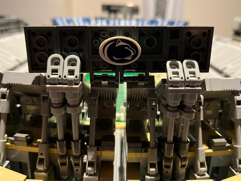 A close up of the Beaver Stadium lion logo made of toy bricks