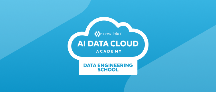 Snowflake Data Cloud Academy logo for Data Engineering school overlaid on top of a blue background