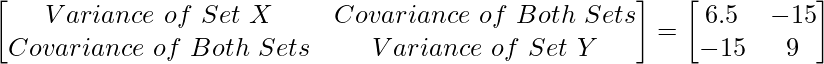 \begin{bmatrix} Variance~of~Set~X & Covariance~of~Both~Sets\\ Covariance~of~Both~Sets& Variance~of~Set~Y \end{bmatrix}=\begin{bmatrix} 6.5 & -15\\ -15& 9 \end{bmatrix}      