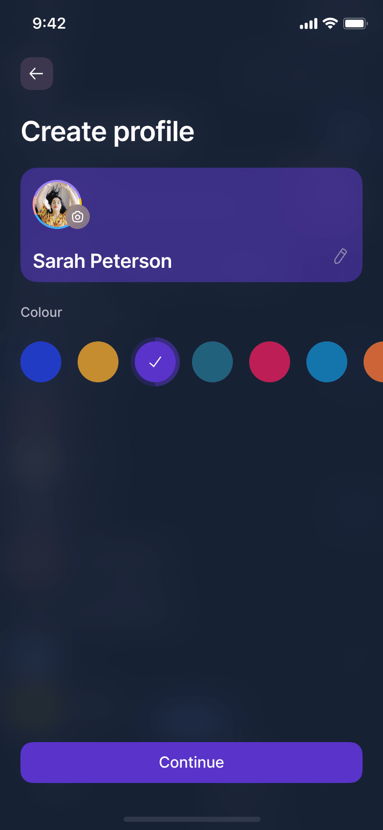 Mobile app screenshot showing the customizing options that the app offers: users are able to pick an avatar and a colour to represent themselves, choose from light or dark mode, pick emoji to represent their accounts, and see the app take on the character of communities