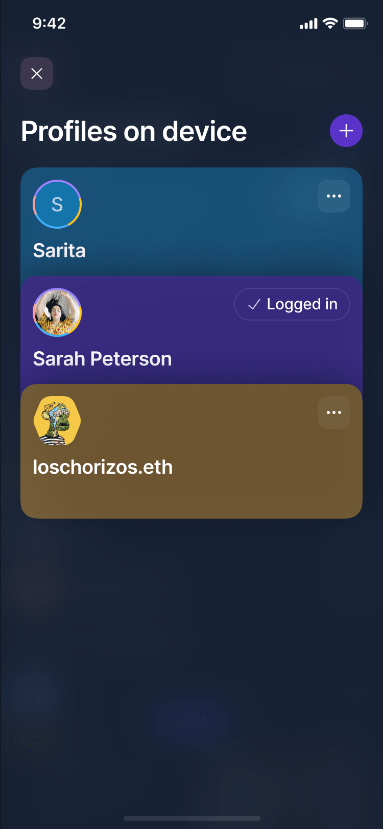 Mobile app screenshot showing the multiple accounts feature that allows users to switch between multiple fully independent identities, a convenient feature if the user is sharing their devices between family and friends or has different online identities