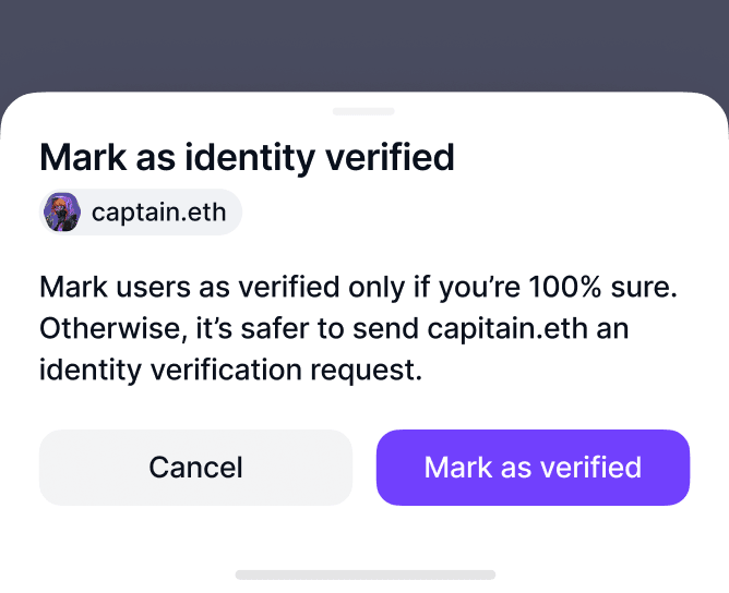 Mobile app screenshot showing the feature that allows users to mark a known contact as verified or send an identity verification request