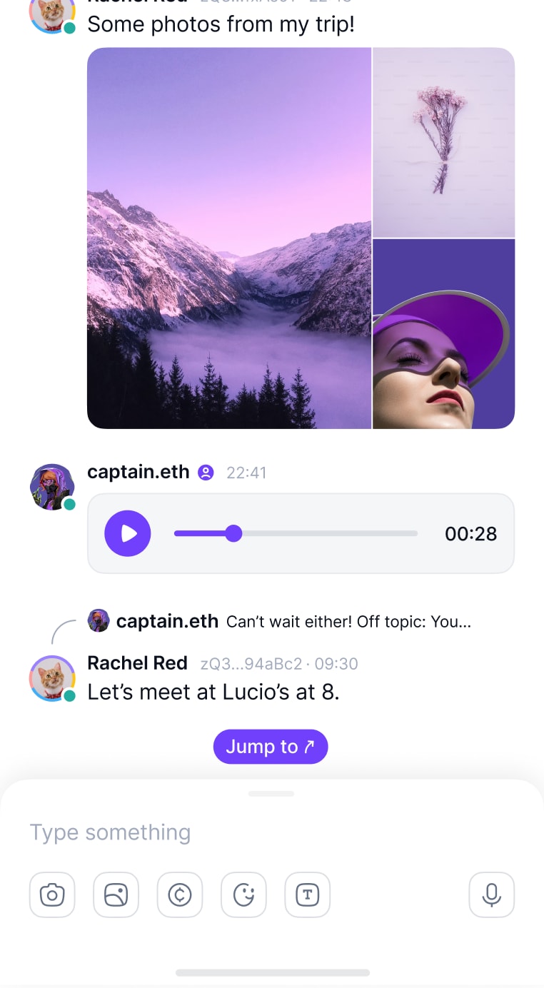 Mobile app screenshot showing a private chat between users: the messaging feature allows the user to send images, voice messages, crypto and much more