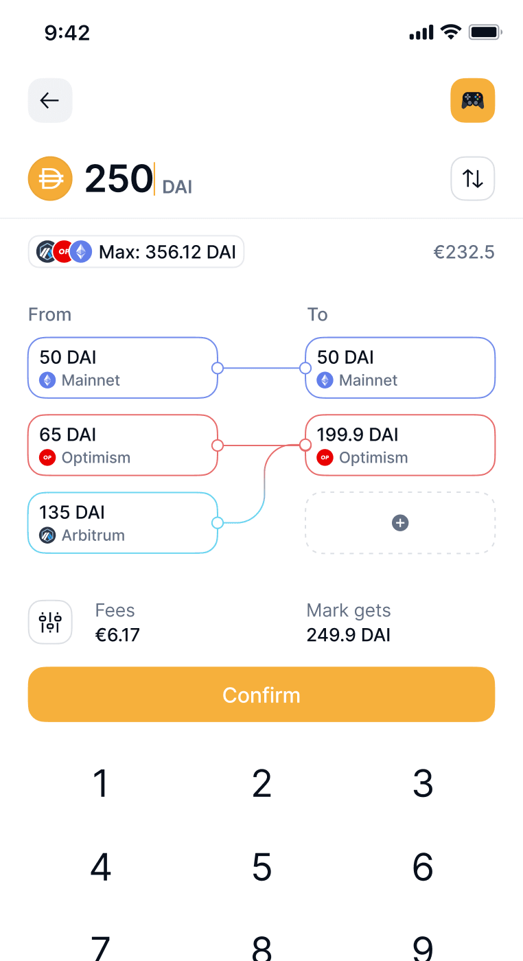 Mobile app screenshot showing the wallet feature: the user is able to automatically bridge and manage tokens without any multi-chain hassle