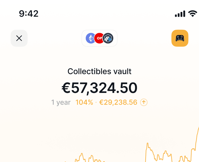 Mobile app screenshot showing how the wallet feature shows your total balances changing overtime in fiat