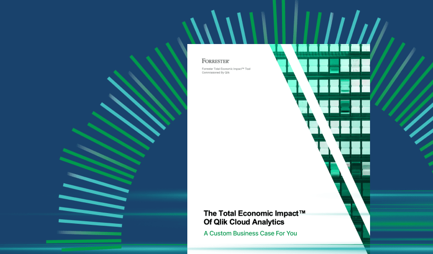 Cover of "The Total Economic Impact of Qlik Cloud Analytics" report by Forrester, featuring a geometric design with a semi-transparent skyscraper and radial green lines on a blue background.