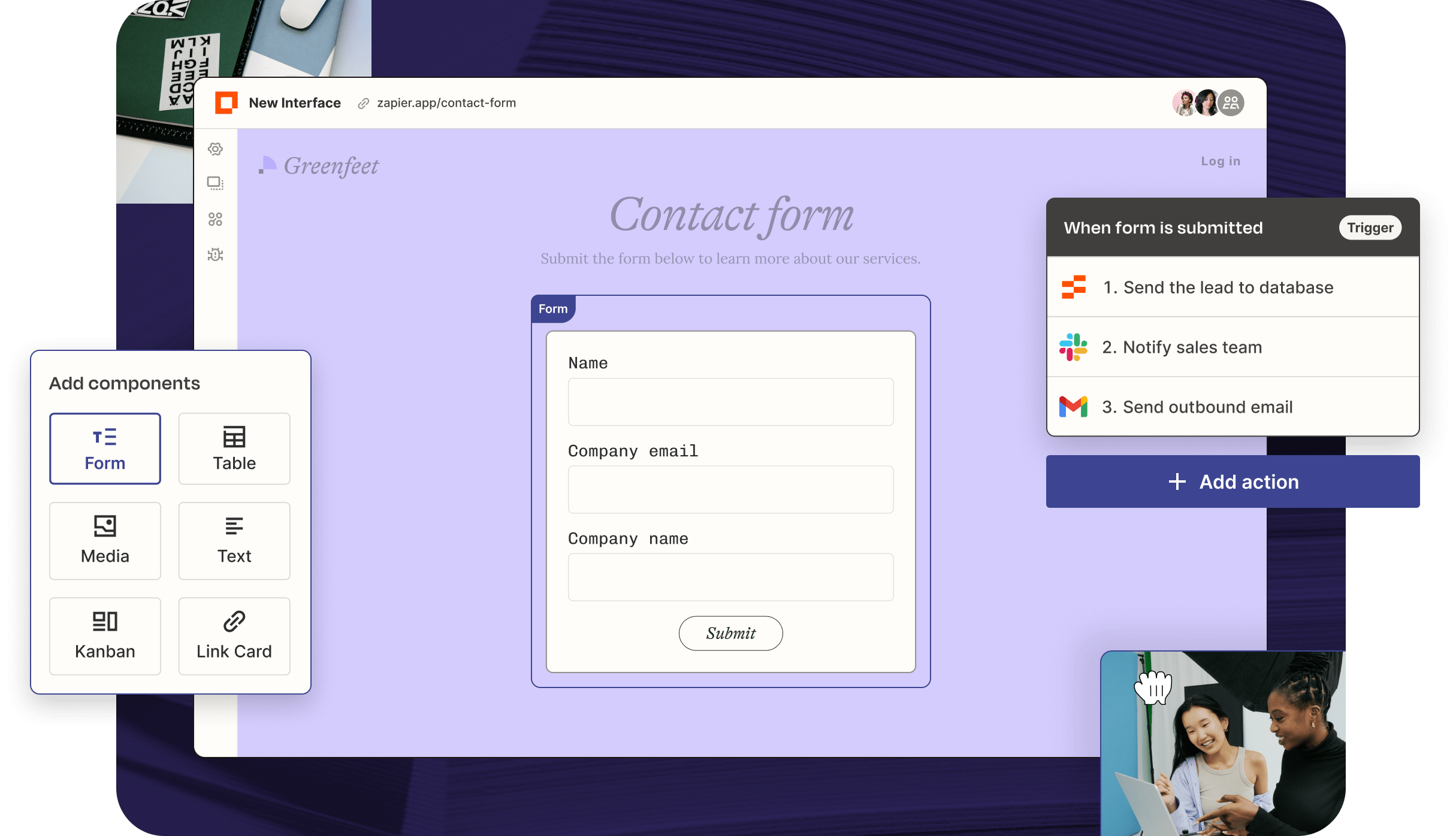 an Interface of a Contact form with automations to notify teams in slack and send at outbound email