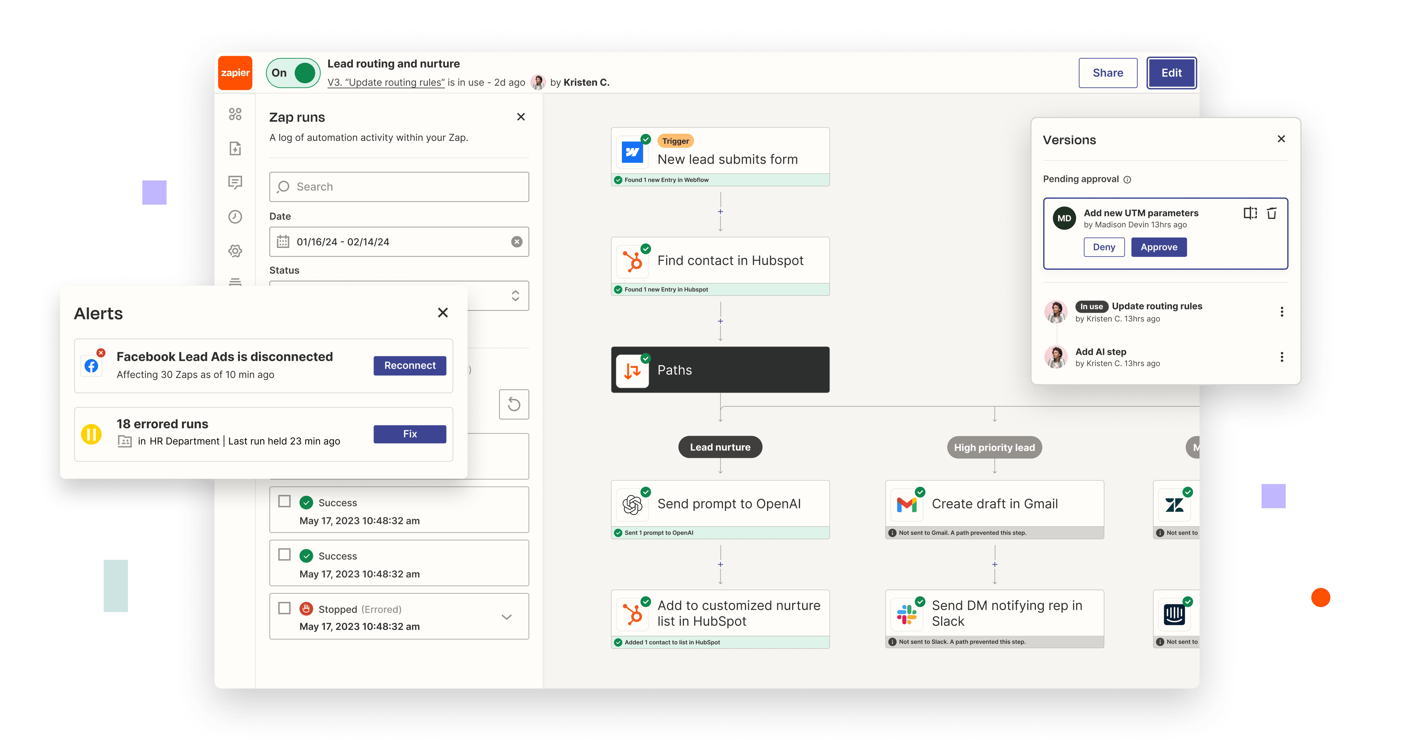 An interface showing a zap run, featuring alerts and approvals.