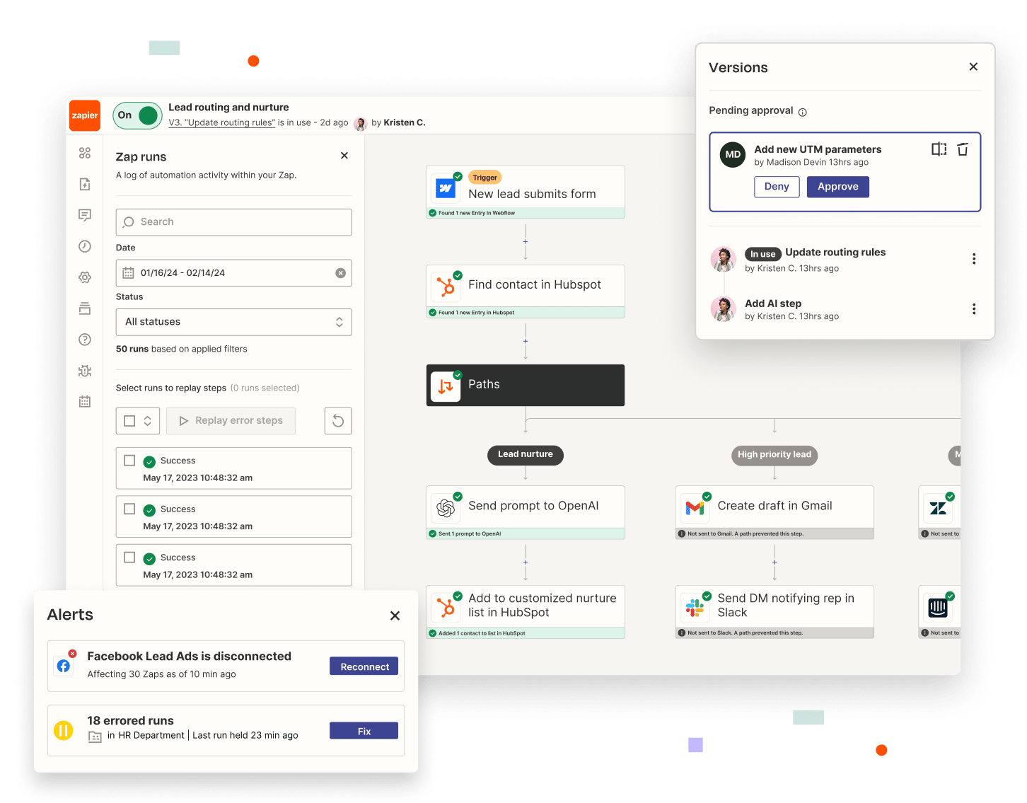 An interface showing a zap run, featuring alerts and approvals.