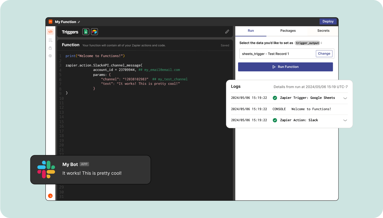 Zapier interface showing how to run a Function using Google Sheets as a trigger and Slack as the action