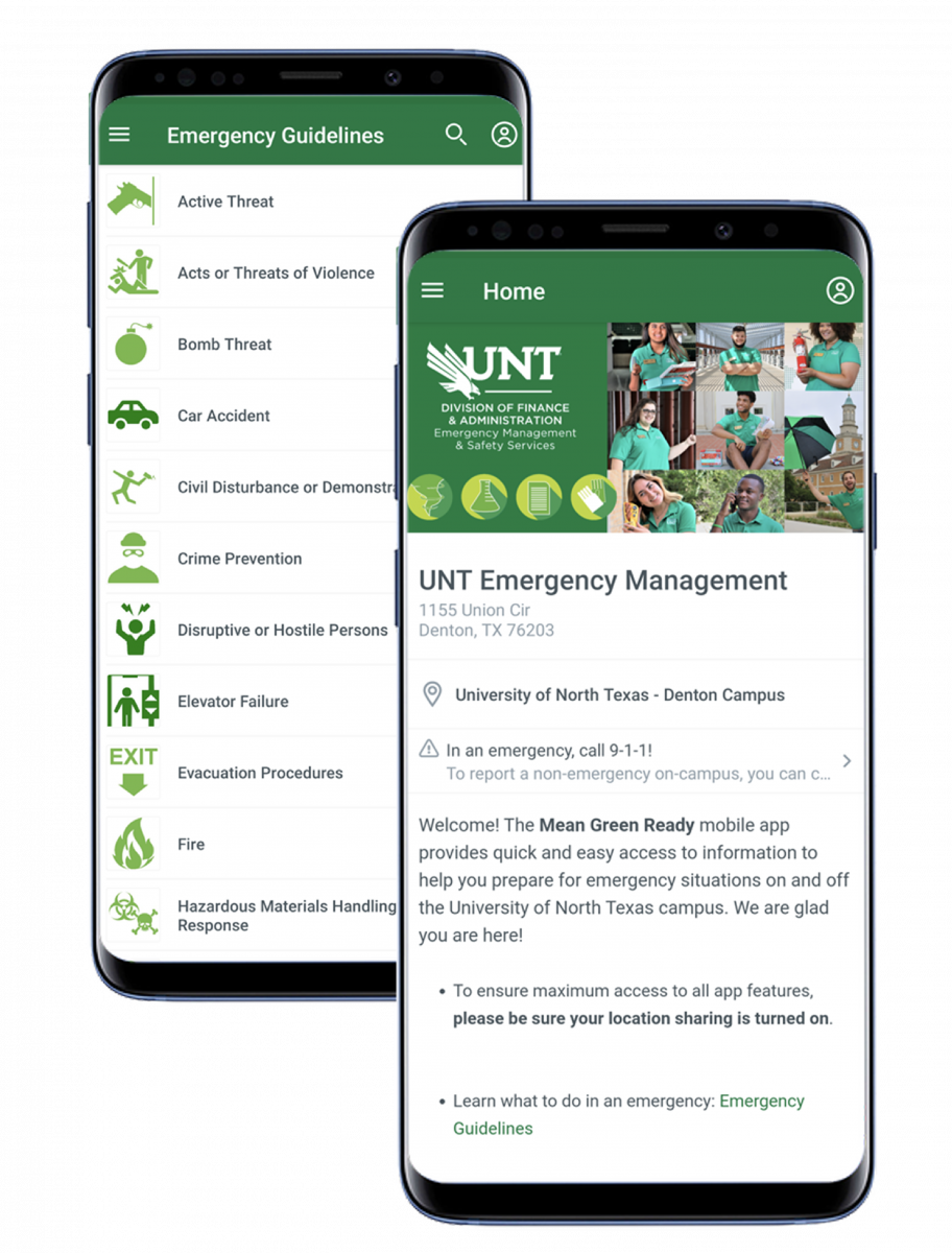 A graphic of two phones each with a screenshot of the Mean Green Ready app.