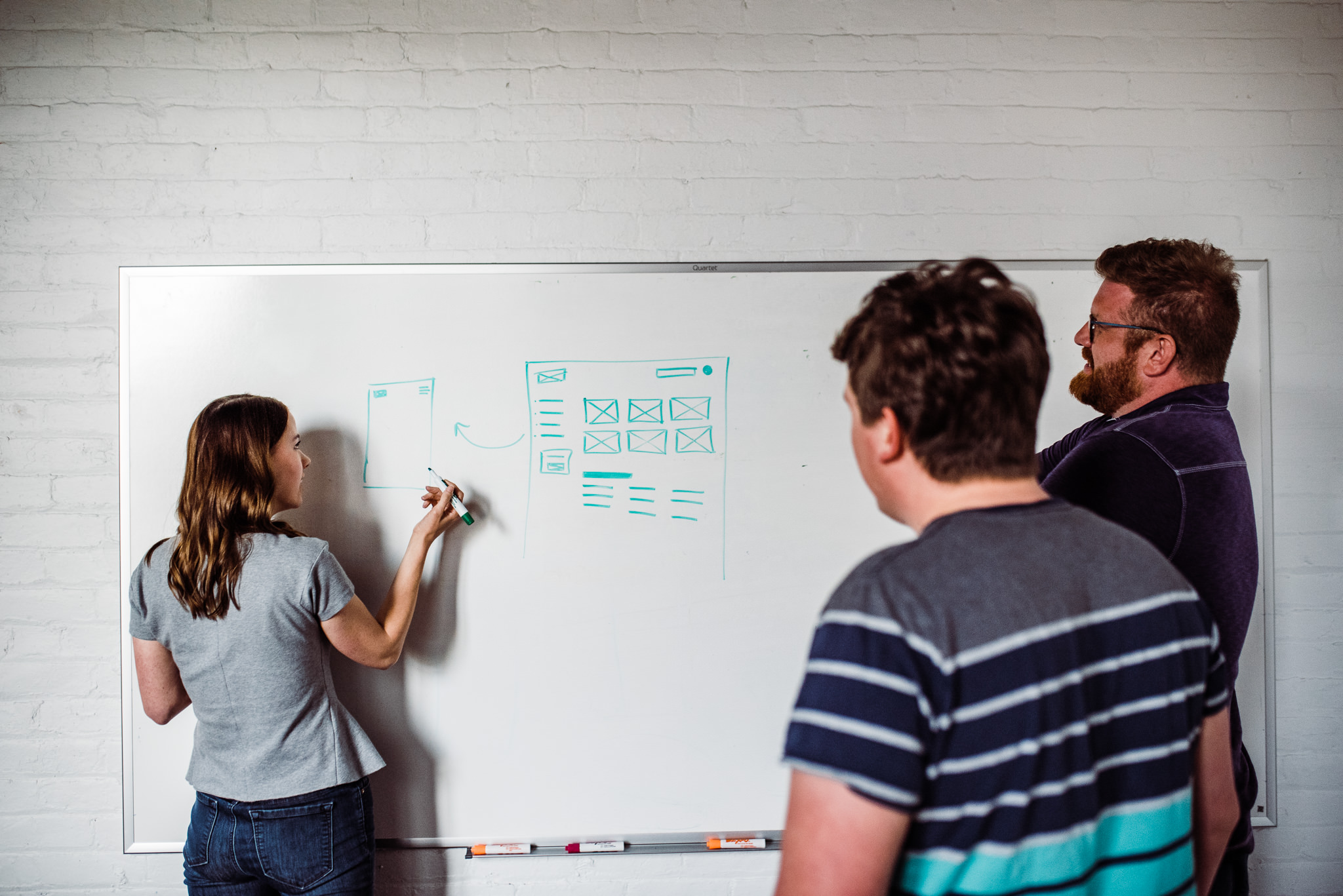 group around a white board sketching