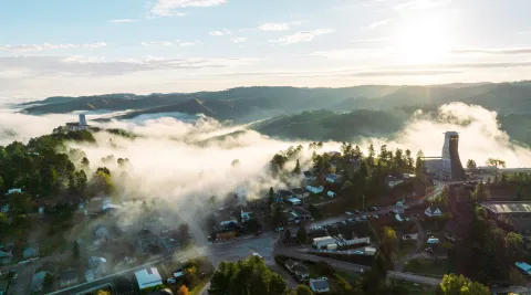 Fog rolls through the surface campus of the Sanford Underground Research Facility