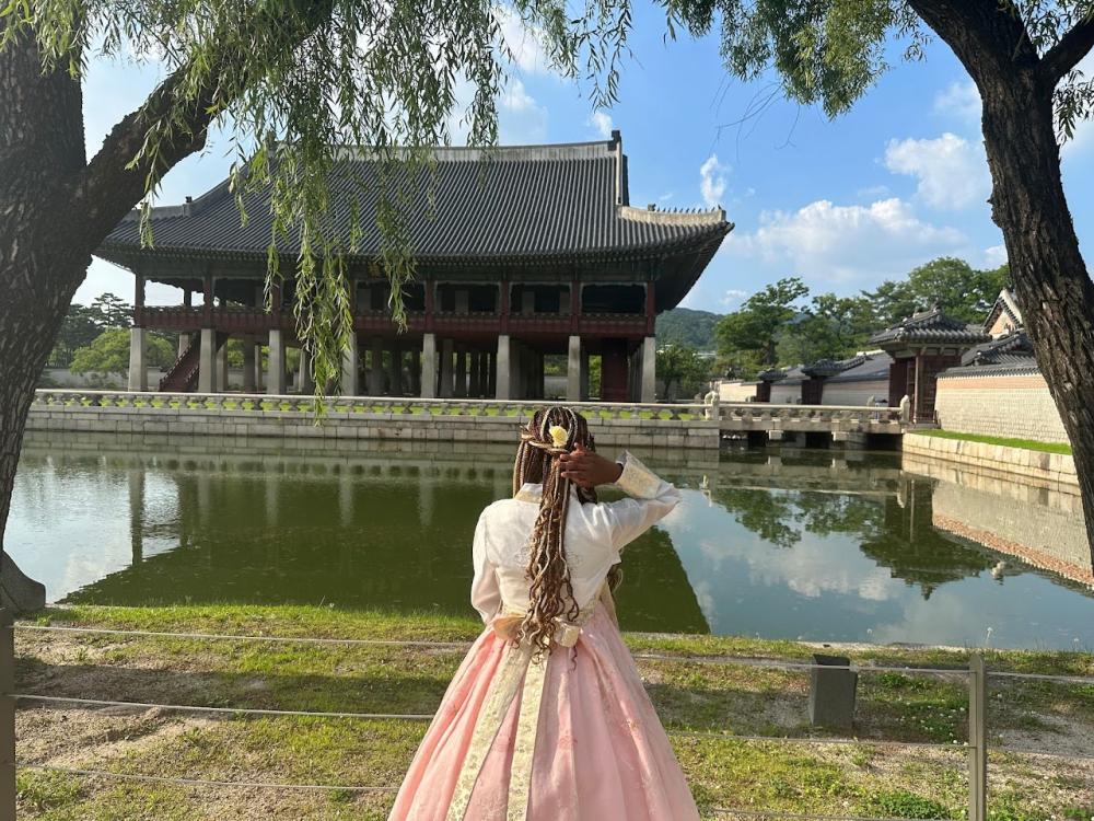 A picture, from the back, of a woman in a dress looking at a palace in South Korea