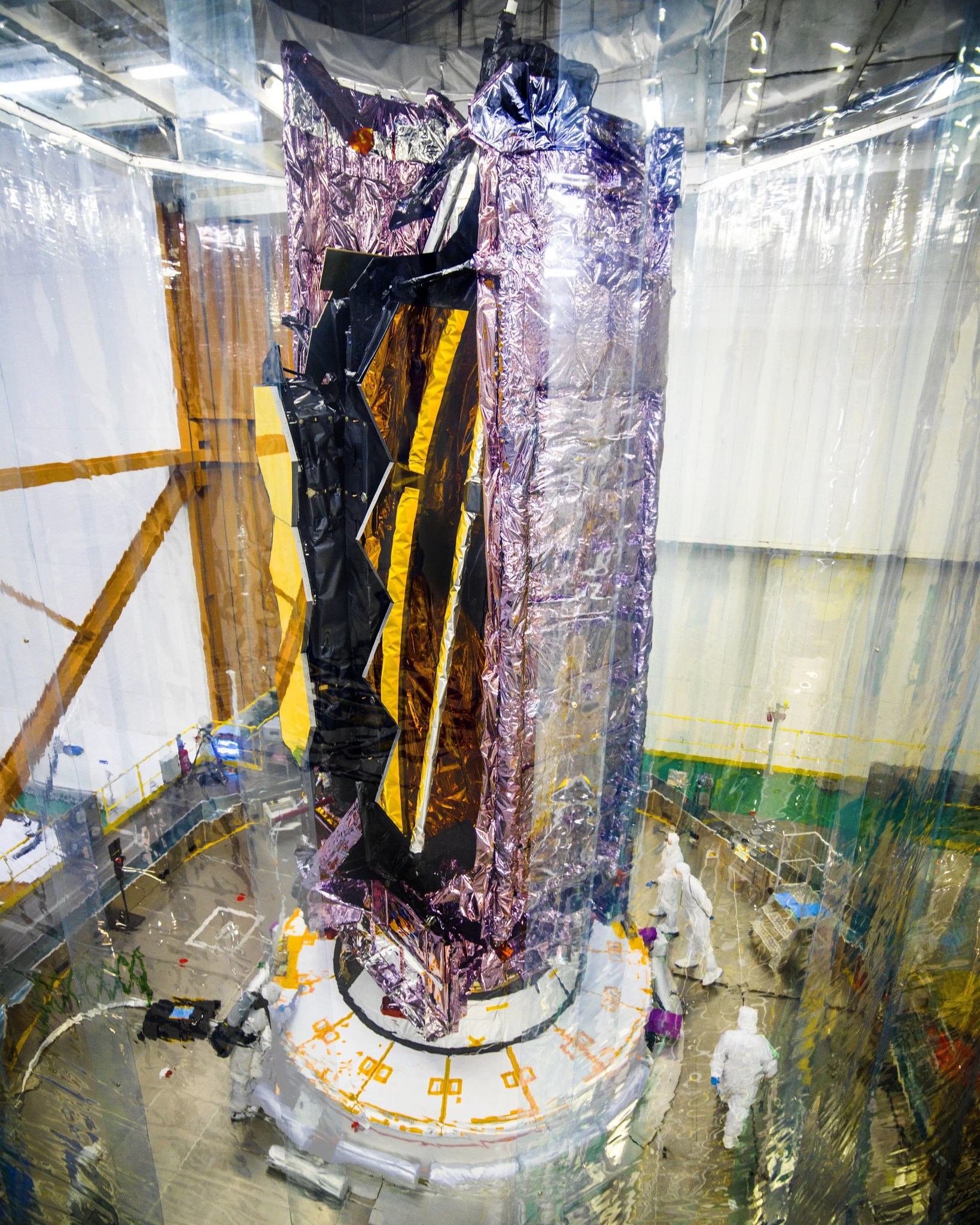 This image shows the James Webb Space Telescope atop its launch vehicle