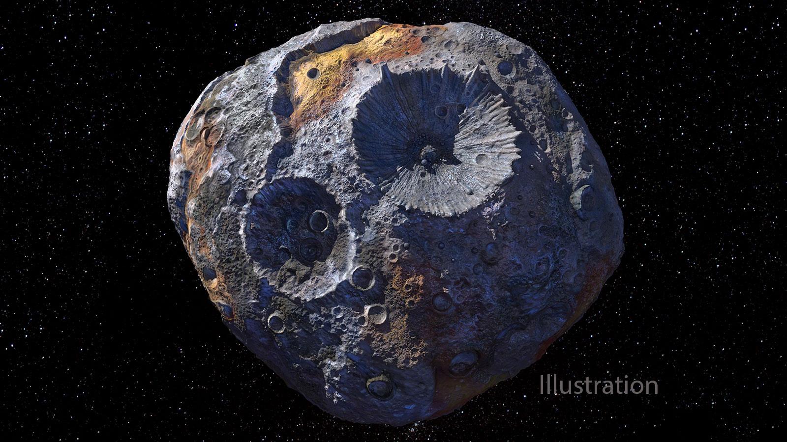 An illustration of asteroid Psyche in space. The asteroid appears gray with reddish patches. It has several craters, including two very large ones.