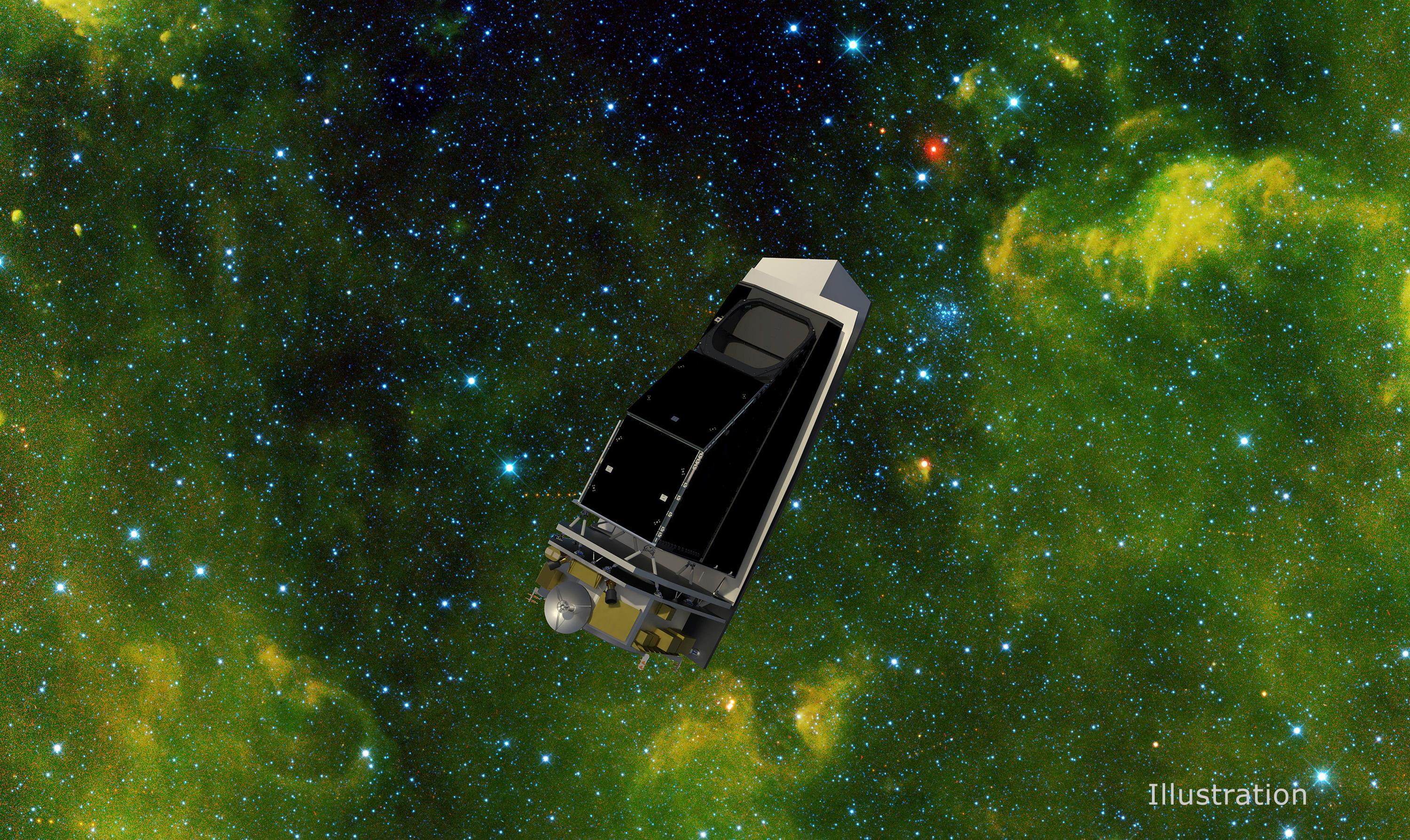 An illustration of the NEO Surveyor spacecraft floating in a green and yellow starfield. The spacecraft has a silver back and a black top.