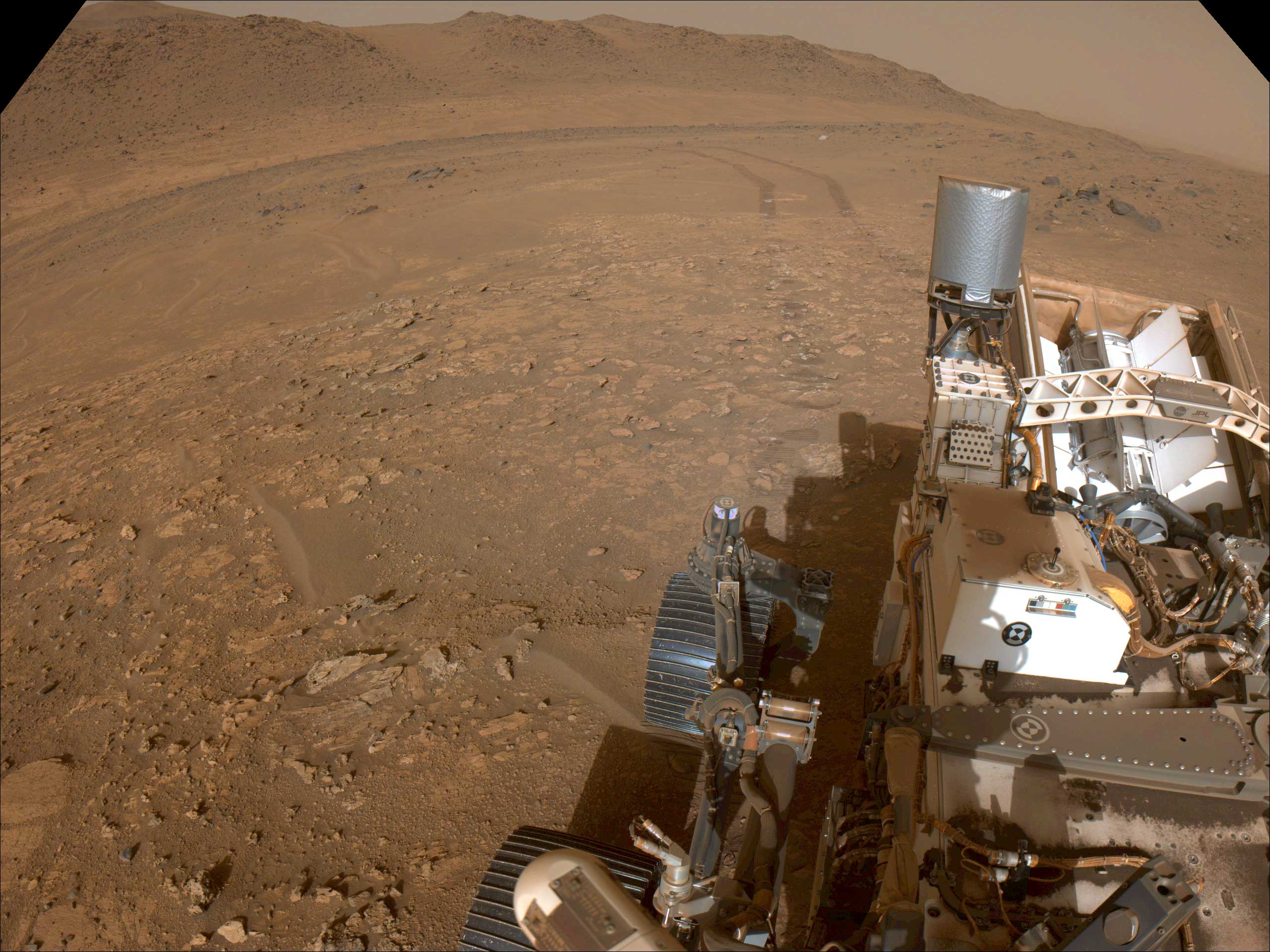 One of the navigation cameras aboard NASA’s Perseverance Mars rover captured this view looking back at the “Bright Angel” area on July 30, the 1,224th Martian day, or sol, of the mission.