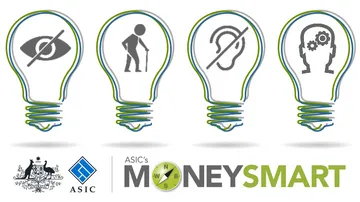 ASIC MoneySmart banner with light bulbs highlighting different forms of disability for March 2019.