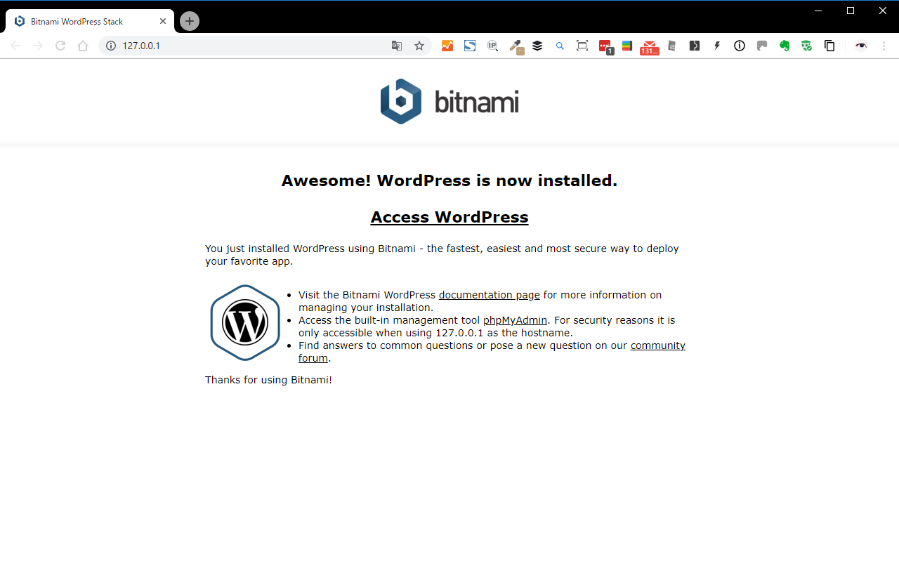 bitnami WordPress ブラウザ初期画面