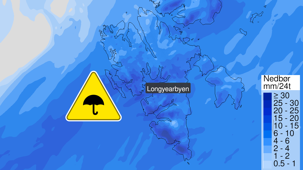 Kart over Mye regn, gult nivå, Nordenskiöld Land på Spitsbergen, 2024-09-06T00:00:00+00:00, 2024-09-06T18:00:00+00:00