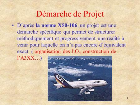 Démarche de Projet D’après la norme X50-106, un projet est une démarche spécifique qui permet de structurer méthodiquement et progressivement une réalité.