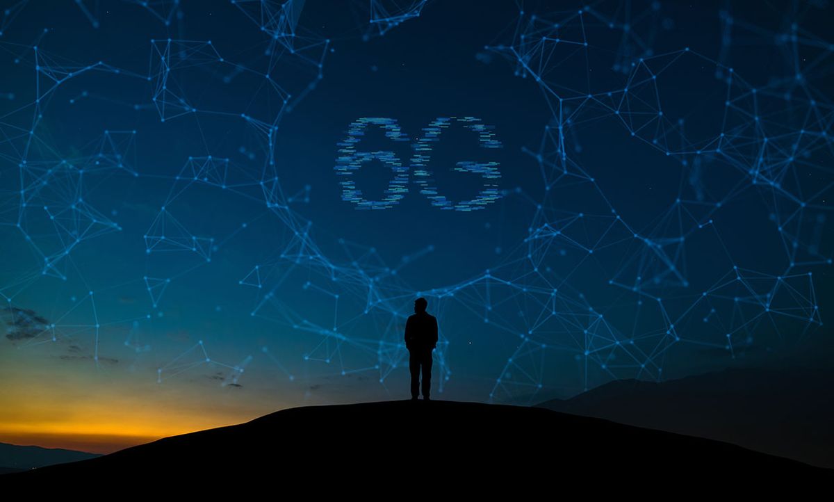 A person standing on a mountain dreaming of a 6G network.