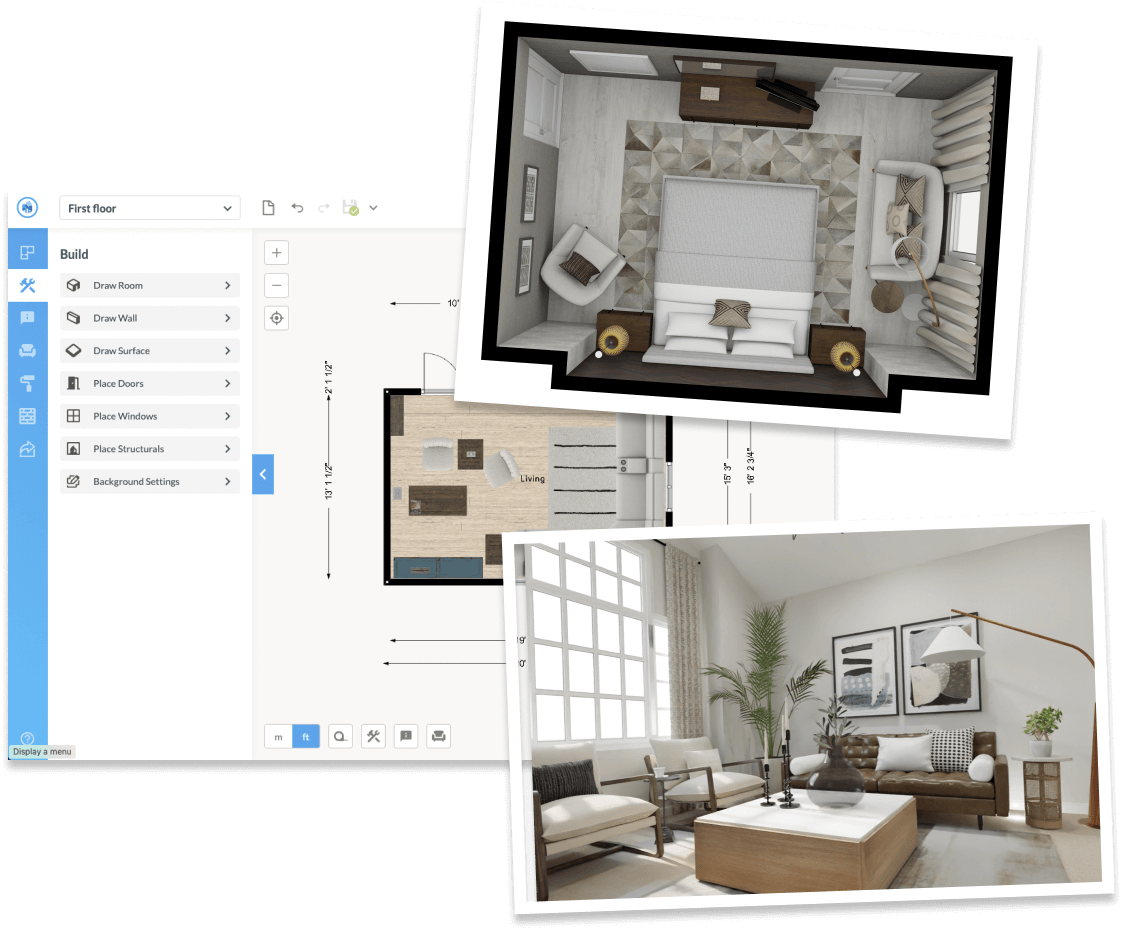 A screenshot of the Floorplanner editor and a few examples of the renders.