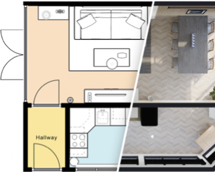 an image of a ix between a 2d floorplan and a topview render