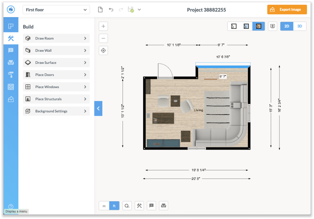 a screenshot of the Floorplanner tool in use, with a topview example of a decorated room