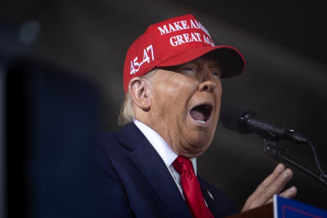 Republican presidential nominee, former President Donald Trump, speaks during a rally at Dodge County Airport on October 06, 2024 in Juneau, Wisconsin