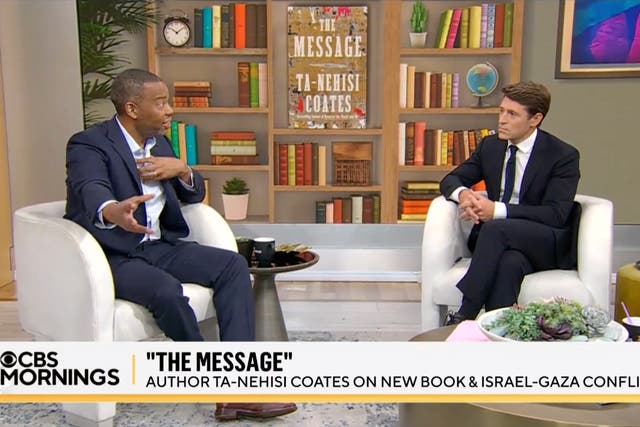 <p>Ta-Nehisi Coates, left, sits for an interview with "CBS Mornings" anchor Tony Dokoupil on September 30, 2024</p>