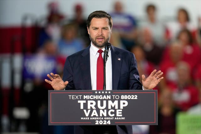 <p>Republican vice presidential nominee Sen. JD Vance, R-Ohio speaks at a campaign event at Eastern Market Tuesday, Oct. 8, 2024, in Detroit. (AP Photo/Paul Sancya)</p>