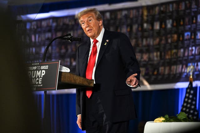 <p>Donald Trump speaks during a remembrance event to mark the first anniversary of the Hamas attack on Israel at Trump National Doral golf club in Miami, Florida, on October 7, 2024. He will be holding a rally in Madison Square Garden in Manhattan later this month </p>