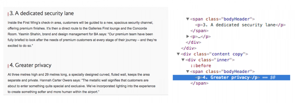 An example of headings not being used at the appropriate time in an article along side with an example of the code snippet which shows text has been formatted to give a visual appearance of a heading.