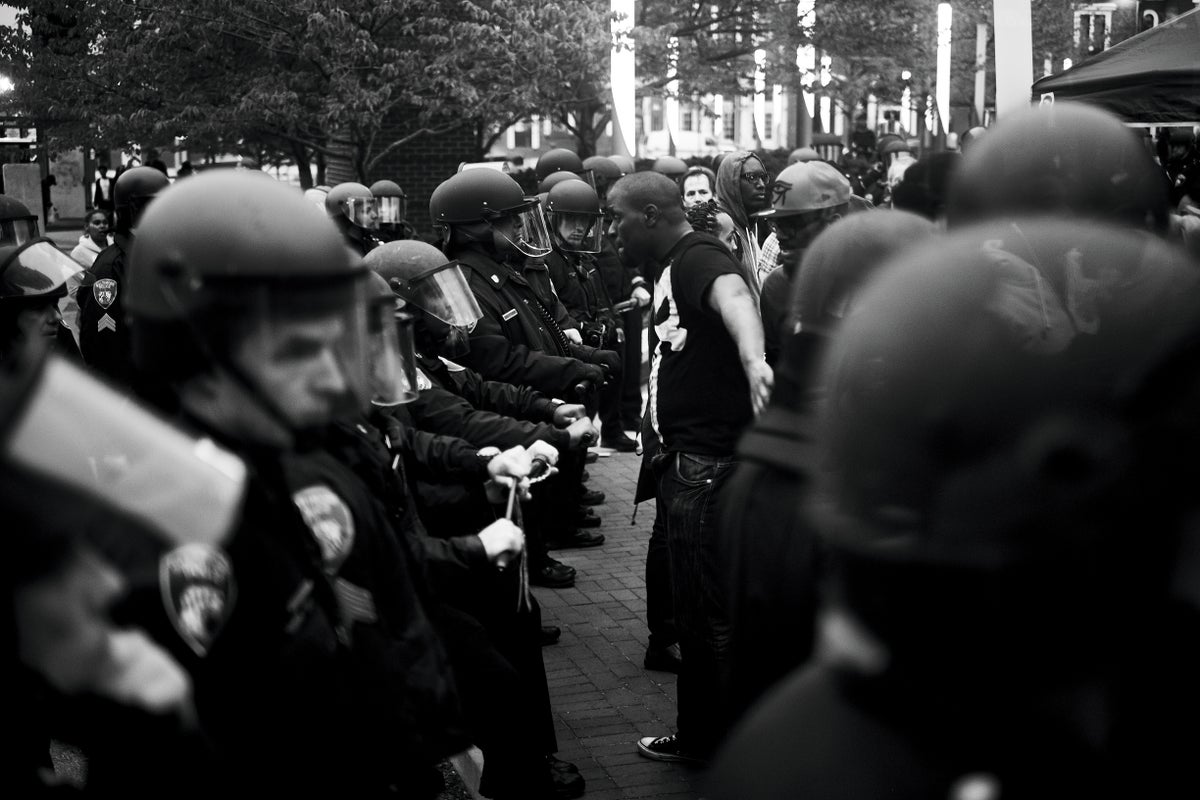 Protesters in Baltimore, MD following the hospitalization of Freddie Gray who suffered injuries while in police custody in April 2015