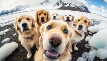 a group of golden retriever dogs wearing dog sweater in ice area photo