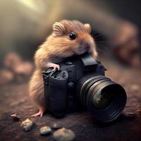 Cute hamster with a camera on the background of the nature, Image photo