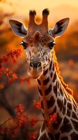 Close up photo of giraffe on savanna at sunset.