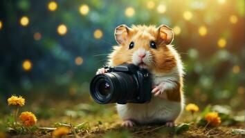 AI generated Cute funny hamster with a camera in the park photo