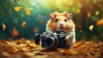 AI generated Cute funny hamster with a camera in the park photo