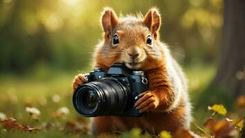 AI generated Cute friendly squirrel with a camera in the park photo