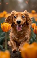 Dachshund running in field of tulips photo