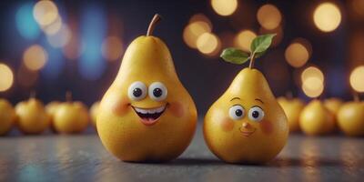 Cheerful animated yellow pear with a smile on its face. photo