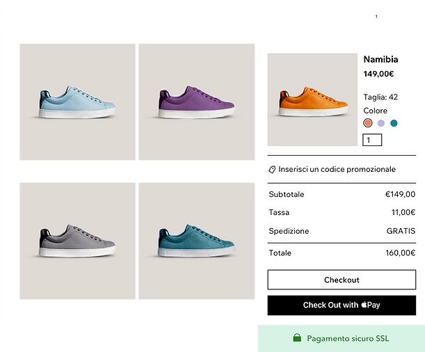 galleria di prodotti del negozio di scarpe online con diverse varianti di scarpe da ginnastica e carrello e checkout sicuri di Wix Payments e Apple Pay.