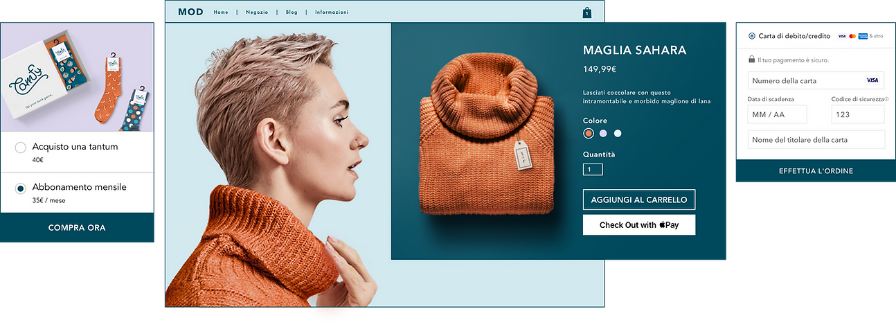 Negozio online di vendita al dettaglio MOD con scatola di sottoscrizione per calzini, pagina del prodotto per una maglia e checkout Wix Payments e checkout Apple Pay.