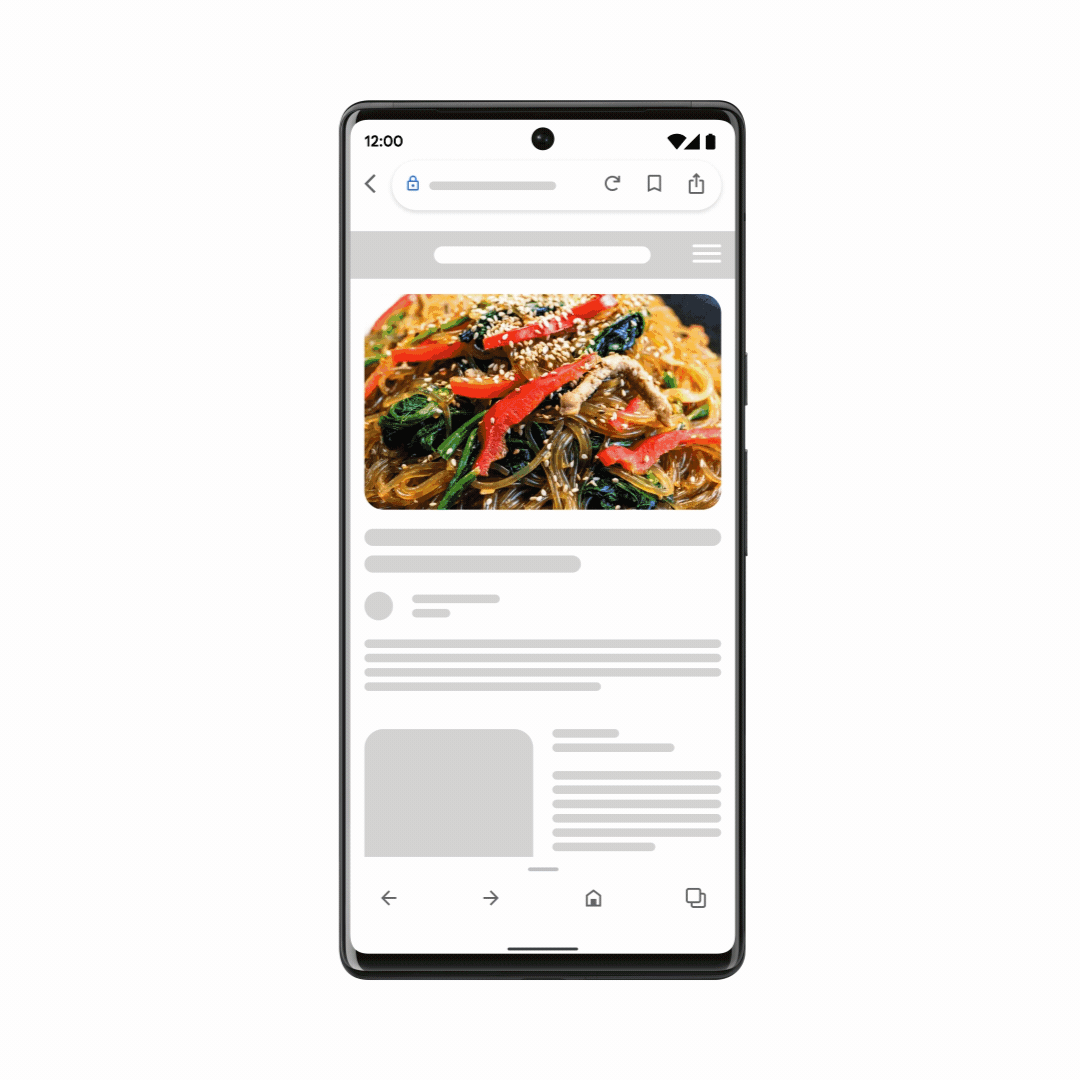 An animation of a phone showing a search. A photo is taken of Korean cuisine, then Search scans it for restaurants near the user that serve it.