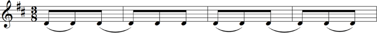 In a 3/8 metre, onsets on first and third beats of first bar, and
                        second beat of second bar